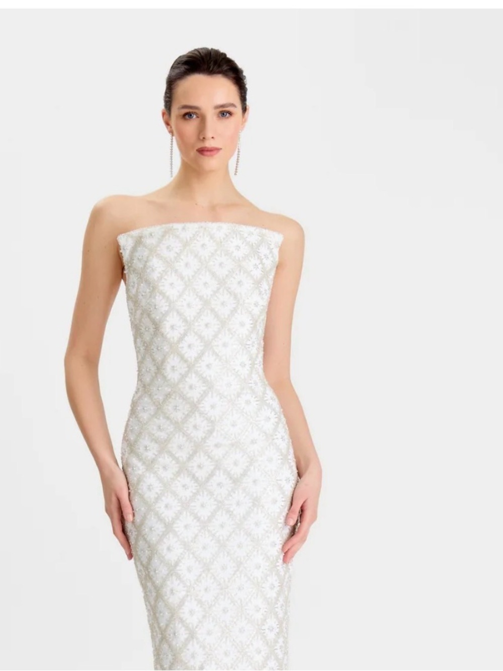 NADINE MERABI Strapless White Embroidered Midi Dress